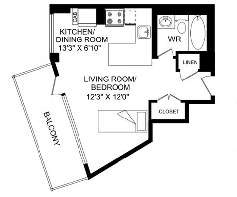 Floor plan for studio, 1 bath, 371 sqft